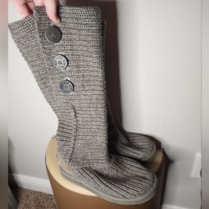 UGG Tall Calf Height Cardy Grey Knit Crocheted W/ Buttons Boot, Women's 8